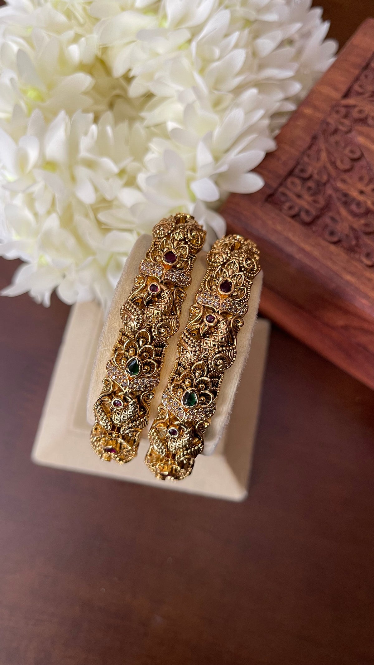Antique Peacock & Floral Nakshi Kada Bangle - Pair