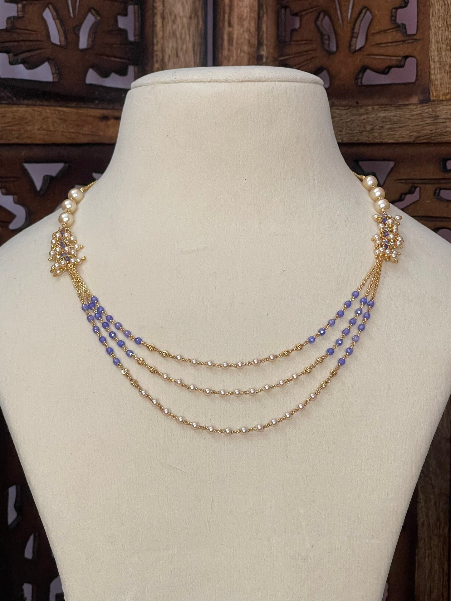 Three Layer Pearls & Lavender Beads Maala