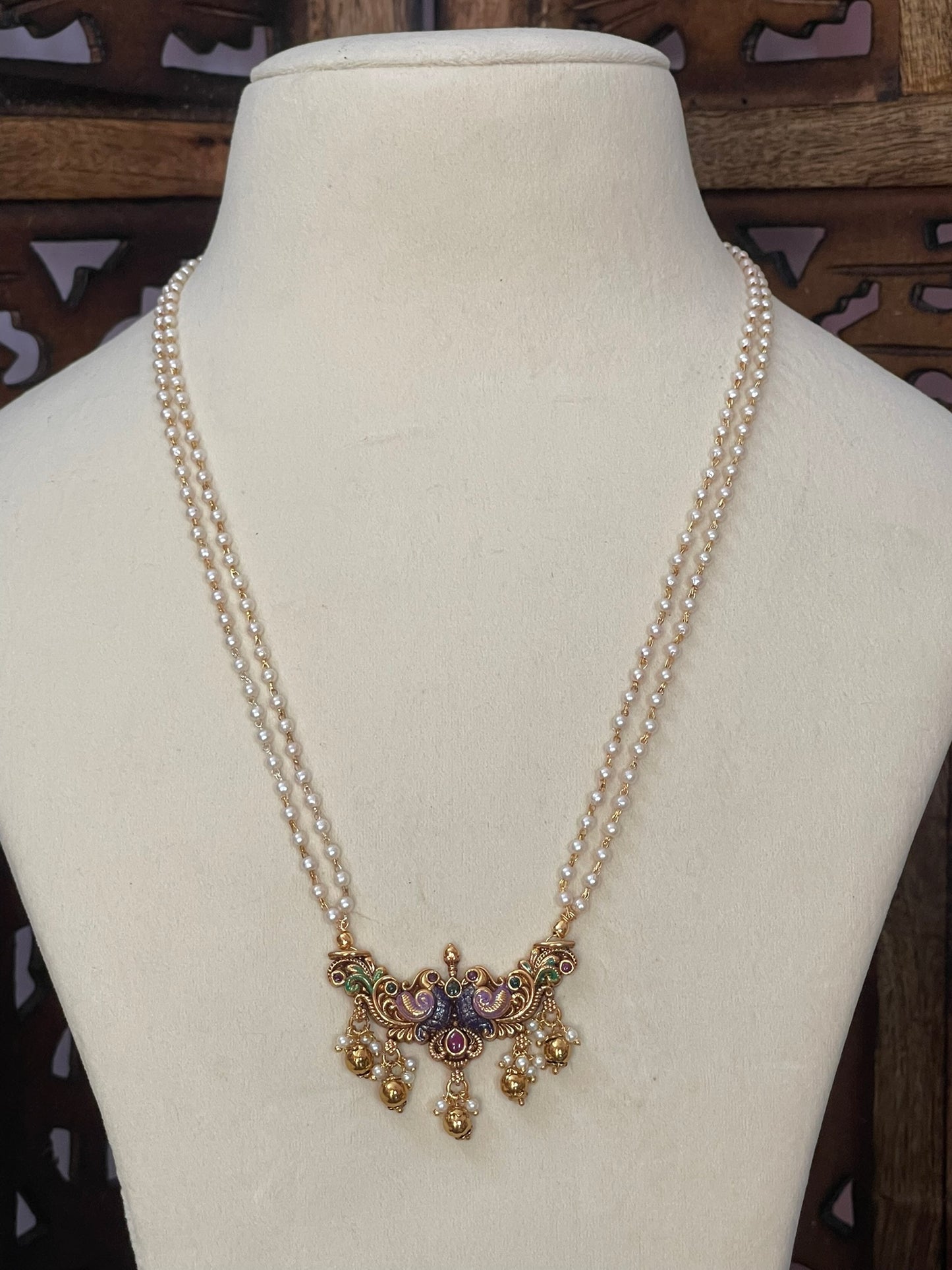 Double Line Pearls Maala with Hand painted Antique Pendant