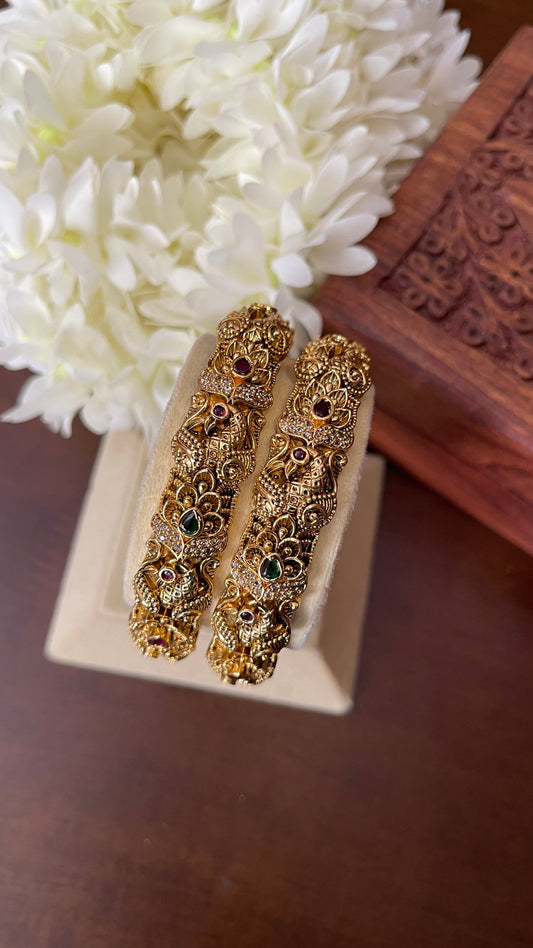 Antique Peacock & Floral Nakshi Kada Bangle - Pair