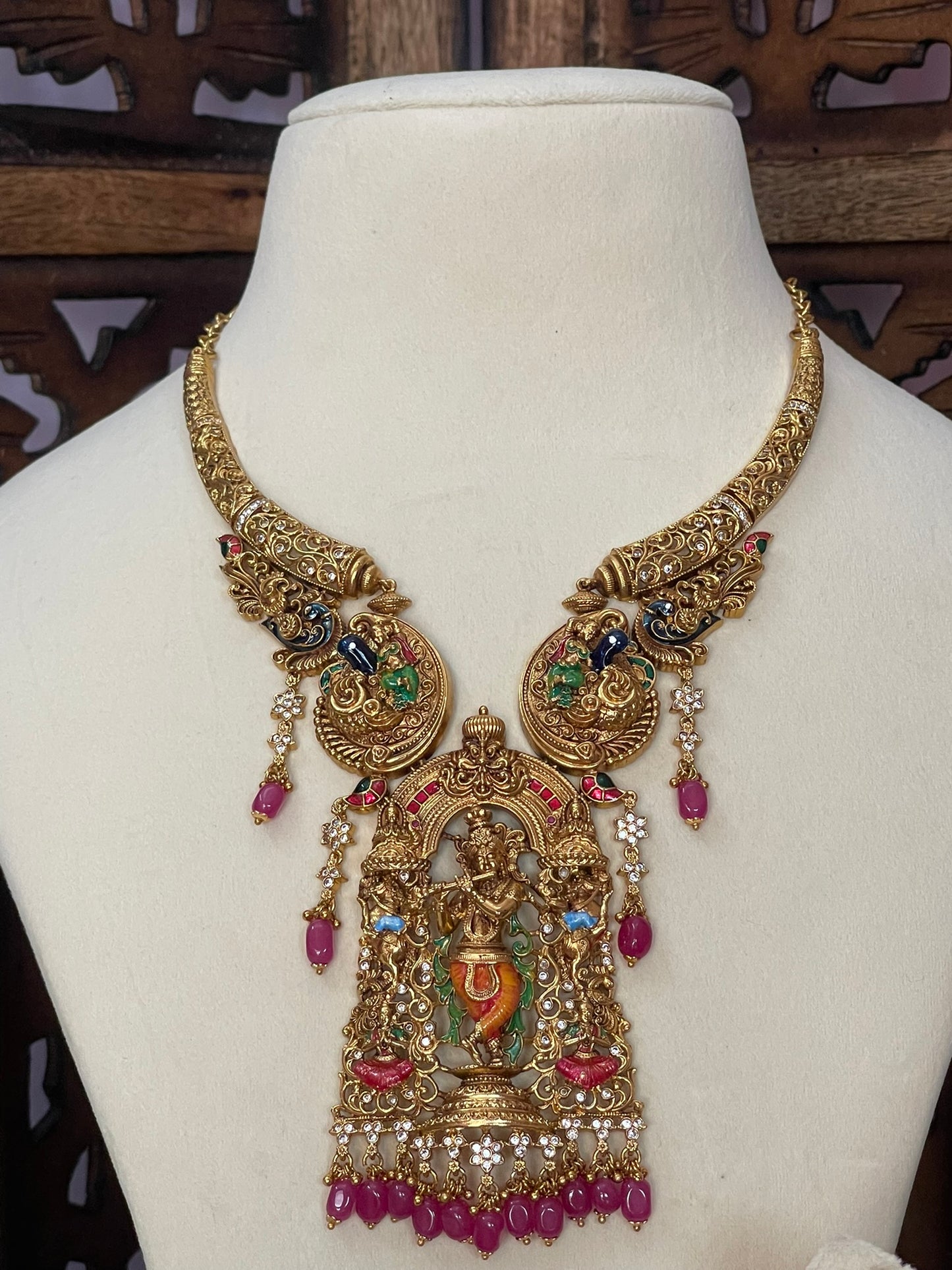 Antique Krishna Hand painted Hasli Necklace Set