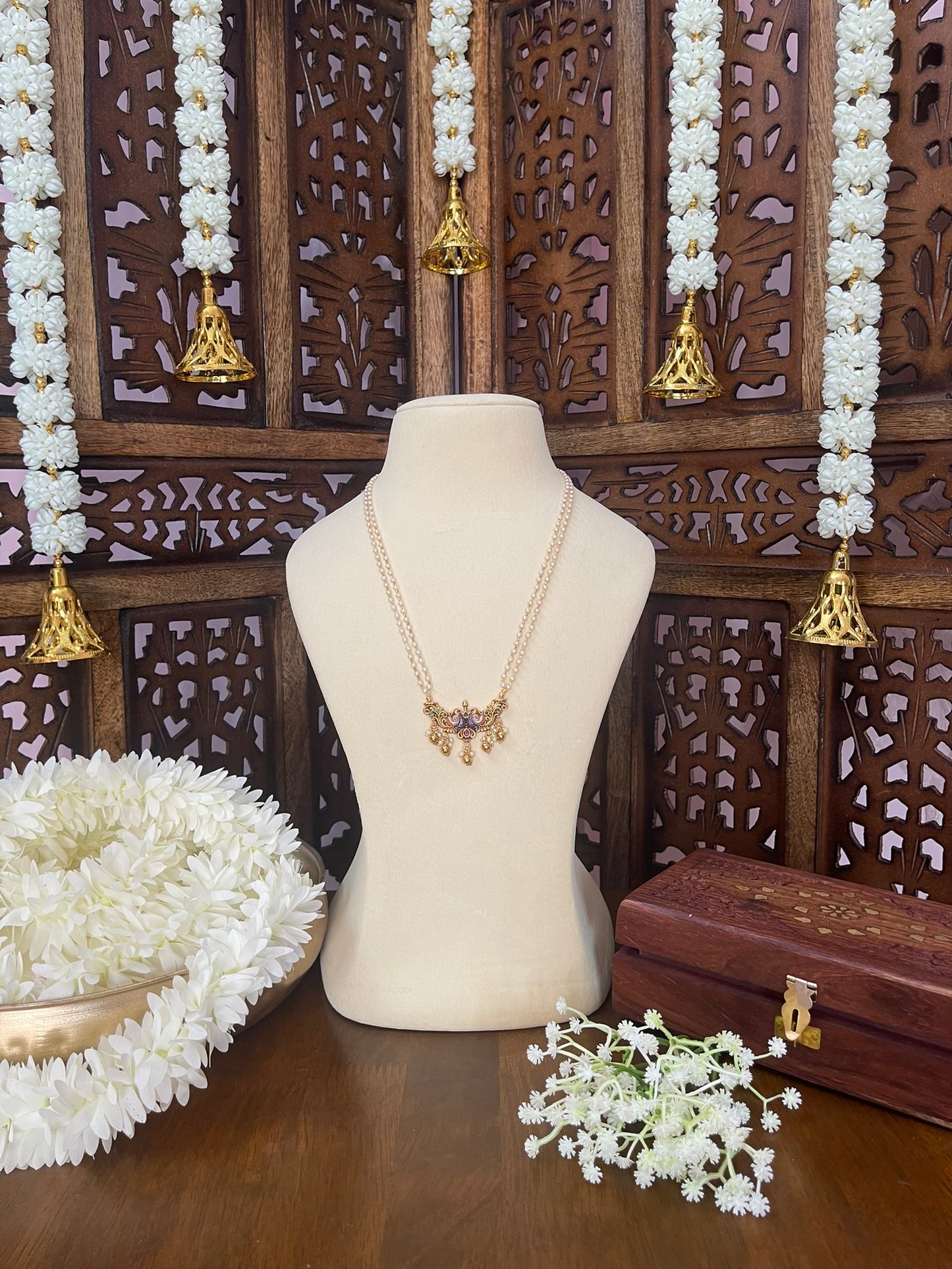 Double Line Pearls Maala with Hand painted Antique Pendant
