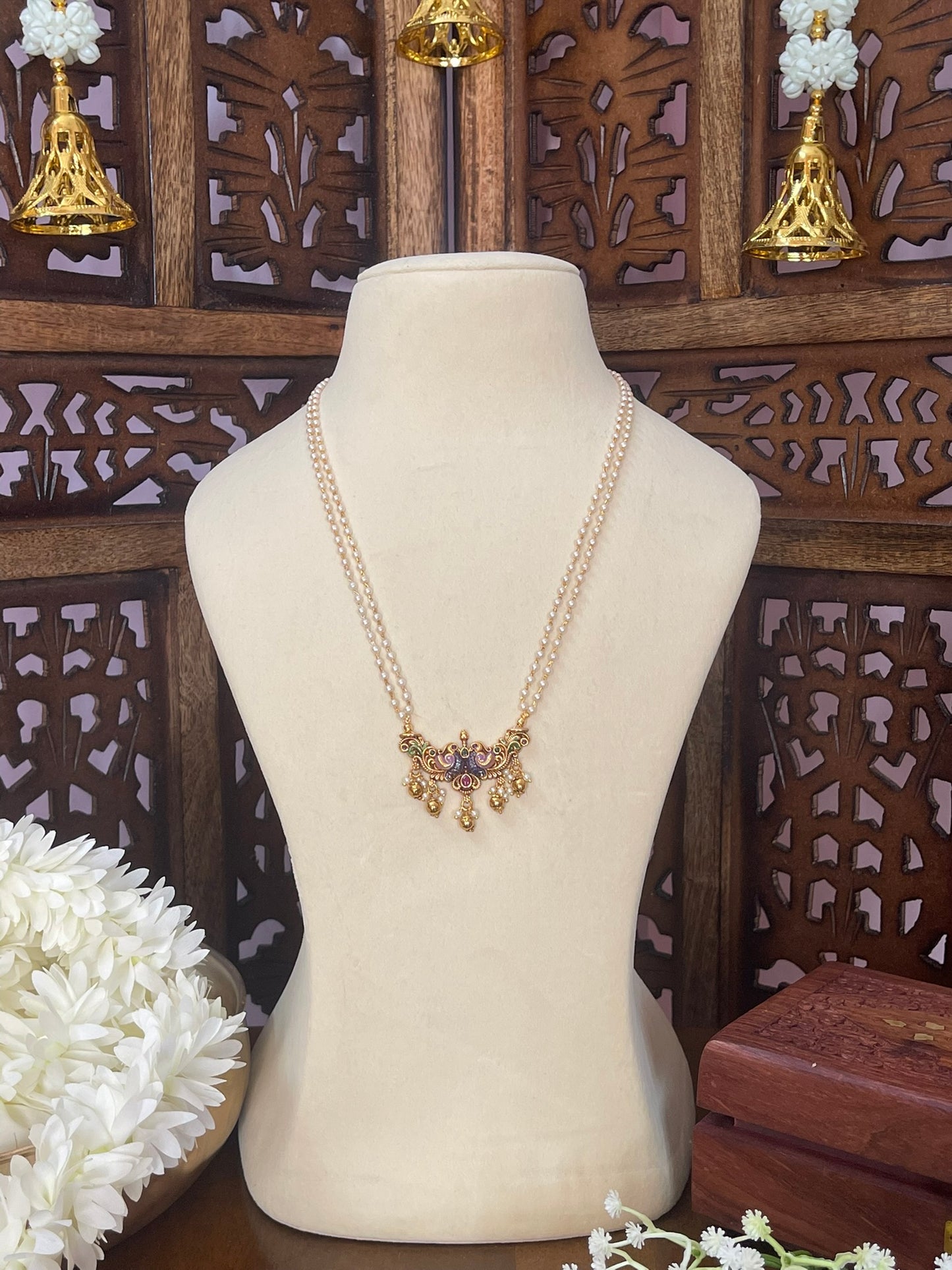Double Line Pearls Maala with Hand painted Antique Pendant