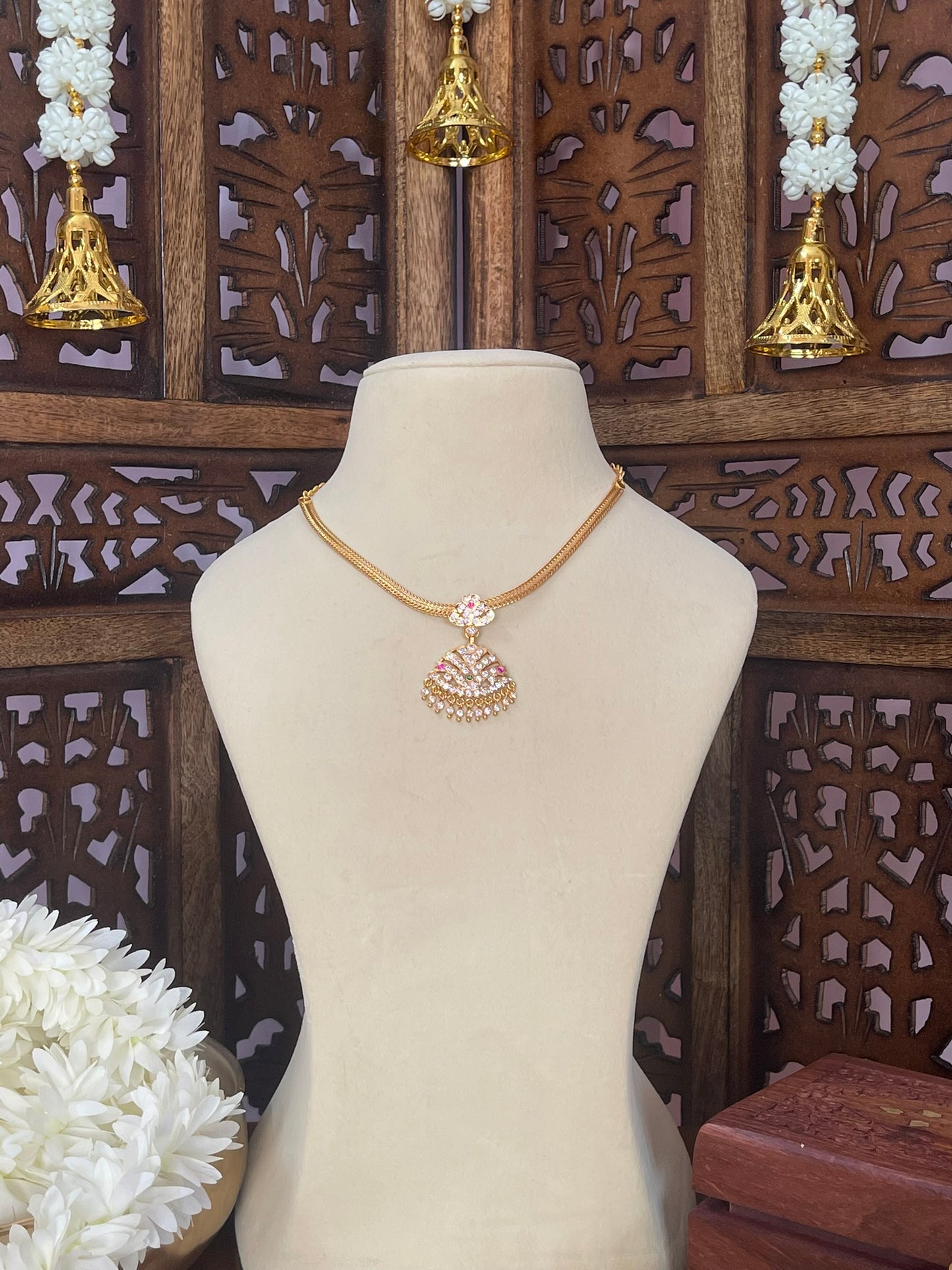 Vintage Attigai Necklace - Ruby/Green & White Stones