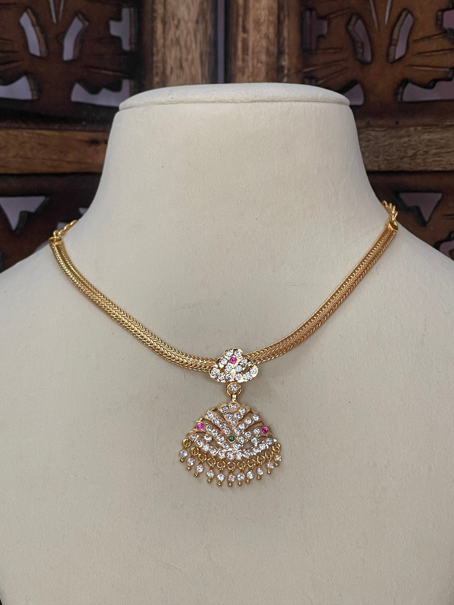Vintage Attigai Necklace - Ruby/Green & White Stones